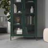 A green glass-fronted cabinet filled with books and decorative items, placed in a room with a large plant and a light-colored pouf. Anteprima dell’immagine prodotto