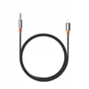 A black audio adapter cable with a 3.5mm jack on one end and a USB-C connector on the other, coiled in a circle on a white background. Anteprima dell’immagine prodotto
