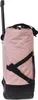 Side view of a pink quilted rolling shopping bag with black accents and wheels. Produktbild-Vorschau