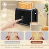 A collage showing a black toaster with toast, a hand interacting with the controls, a cup of coffee, and two comparison images of bread. Voir les images du produit