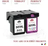 Two printer ink cartridges, one black and one tri-color, are displayed against a white background with marketing text above and below. Produktbild-Vorschau