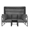 A gray outdoor sofa with a canopy and a small black table in front, set against a white background. Produktbild-Vorschau
