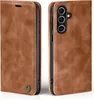 A brown leather flip case for a smartphone, shown from the front and back. Produktbild-Vorschau