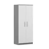 A tall, two-door wardrobe with gray sides and white doors, featuring silver handles, set against a white background. Produktbild-Vorschau