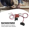 A person is working on wood, and a product image of a saw control switch is shown below. Podgląd zdjęcia produktu