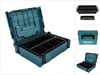 A collage of images showing a teal Makita Makpac storage case with a black insert, and a separate black insert. Produktbild-Vorschau