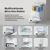 A marketing image showcasing the features of a multifunctional all-in-one station for a robot vacuum cleaner. Produktbild-Vorschau