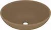 A top-down view of a brown oval ceramic sink with a drain hole in the center. Náhled obrázku produktu