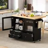 A black kitchen island with a wooden countertop, featuring open doors and drawers, set in a kitchen environment. Podgląd zdjęcia produktu