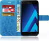 A blue wallet-style phone case with a Samsung phone inside, showing credit cards and euro banknotes. Produktbild-Vorschau
