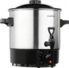 A stainless steel electric kettle with a black lid, handles, and base, featuring a tap and a control panel with temperature settings. Produktbild-Vorschau