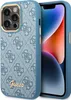 A blue phone case with a repeating Guess logo pattern and a gold Guess logo is shown next to a smartphone. Produktbild-Vorschau