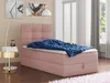 A pink upholstered bed with a blue blanket is shown in a bedroom setting. Produktbild-Vorschau