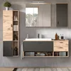 A modern bathroom vanity set with a sink, mirror, and storage cabinets. Produktbild-Vorschau
