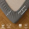 Close-up of a fitted sheet corner showing elastic and fabric texture, with icons and text indicating product features. Produktbild-Vorschau