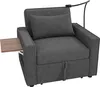A gray sofa bed with a small wooden side table attached to the armrest. Podgląd zdjęcia produktu