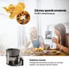 A collage featuring a coffee maker, fried chicken, and people dining at a table. Text overlays describe product features. Podgląd zdjęcia produktu