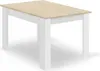 A rectangular dining table with a light wood top and white legs, shown from a slightly elevated diagonal angle against a white background. Voir les images du produit