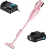 A pink Makita cordless vacuum cleaner with its charger and battery pack, displayed on a white background. Podgląd zdjęcia produktu