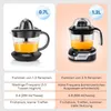 A split image showing two electric citrus juicers and a comparison table of their features. Produktbild-Vorschau