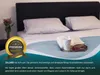 A bed with pillows and a book on a tray, with marketing text and a quality seal. Produktbild-Vorschau