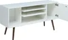 A white media console with dark brown legs is shown from a slightly elevated side angle with one door open. Produktbild-Vorschau