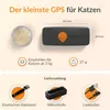 Image shows a small GPS tracker for cats, comparing its size to a coin, and listing its dimensions, weight, and included accessories. Produktbild-Vorschau