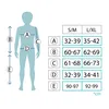 A diagram of a human figure with measurement points labeled, next to a size chart. Náhled obrázku produktu