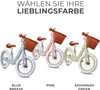 Three balance bikes in different colors (blue, pink, and green) are displayed side-by-side against a white background. Each bike has a wicker basket on the handlebars and is labeled with its color name below. Produktbild-Vorschau