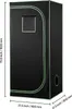 A black grow tent with green trim and dimensions indicated by measurement lines and text. Náhľad obrázku produktu