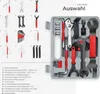 A collection of bicycle tools laid out in a grey case, with a numbered list of tools on the left. Produktbild-Vorschau
