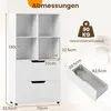 A white bookshelf with four open cubes on top and two drawers below, with dimensions and weight capacity indicated. A separate image shows an open drawer with its dimensions. Podgląd zdjęcia produktu