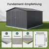 A metal shed on a grassy lawn with different foundation options shown below. Produktbild-Vorschau