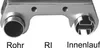 Close-up of a metal curtain rod bracket with two different ends, labeled 'Rohr' and 'Innenlauf'. Produktbild-Vorschau