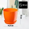 An orange plant pot with a saucer, with dimensions indicated by text overlays. Podgląd zdjęcia produktu