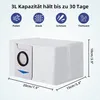 A diagram showing a white dust bag with dimensions and icons indicating what it filters. Produktbild-Vorschau