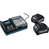 A Makita battery charger and two batteries are displayed on a white background. Produktbild-Vorschau
