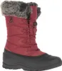 A single red winter boot with black sole and gray fur trim. Produktbild-Vorschau