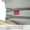 Close-up of a gray fabric product with zippers and a red brand tag. Produktbild-Vorschau