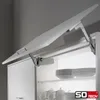 A white kitchen cabinet with its top door open, revealing shelves with dishes and teapots. A metal lift mechanism is visible. Produktbild-Vorschau