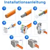 An instructional diagram showing the steps for installing a network cable connector. Produktbild-Vorschau