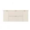 A front view of a cream-colored vanity cabinet with a wooden top, set against a white background. Podgląd zdjęcia produktu