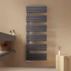 A modern bathroom setting with a grey towel radiator, a grey vanity unit with soap dispensers and a basket, and a small wooden stool with a vase. Náhled obrázku produktu