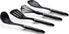 A set of four black kitchen utensils with silver accents, arranged diagonally on a white background. Voir les images du produit
