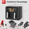 A product shot of a dual air fryer with dimensions and included accessories. Produktbild-Vorschau