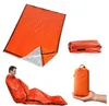 Collage of an emergency bivvy sack in various states: unfolded, folded, and being worn by a person. Podgląd zdjęcia produktu