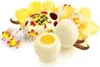 A close-up of white chocolate candies shaped like eggs, with yellow filling, surrounded by yellow orchid petals and vanilla beans. Produktbild-Vorschau