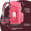 A pink backpack with a polka dot pattern, shown from the side, with callouts highlighting its features. Anteprima dell’immagine prodotto
