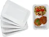 A stack of white rectangular paper plates on the left and a single paper plate with food on the right. Produktbild-Vorschau