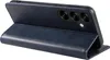 A blue leather flip case for a smartphone is shown from a diagonal angle, with the phone's camera array visible. Produktbild-Vorschau